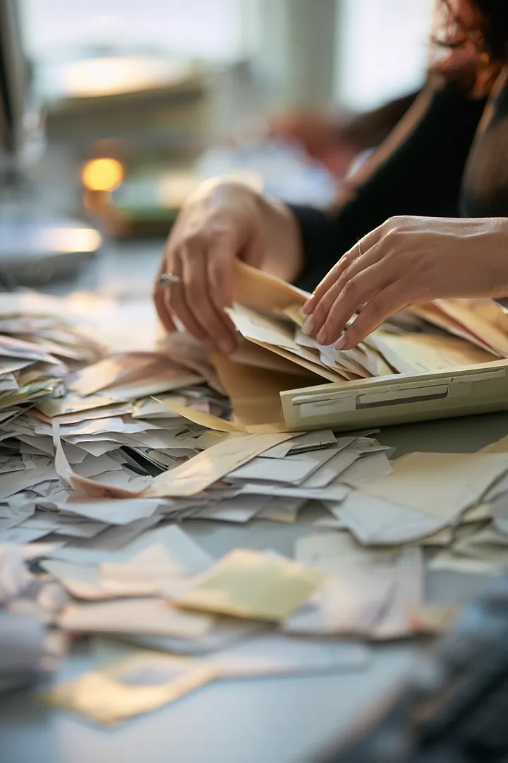 Hands gathering scattered bill envelopes into a single labeled folder before consolidating debt