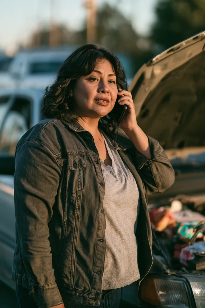 Woman making a calm phone call beside her car with the hood open on a roadside