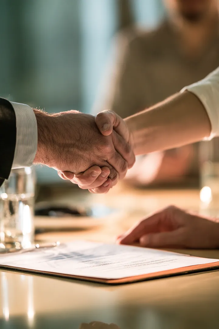 Borrower and lender representative shaking hands over a signed personal loan agreement