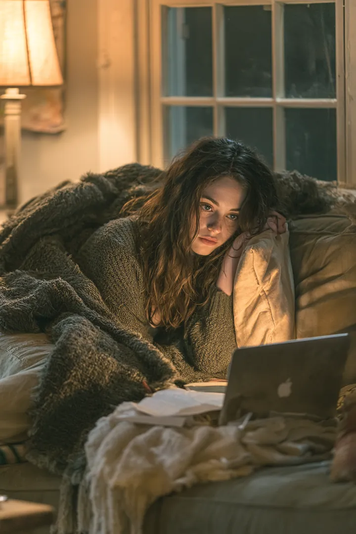 Woman relaxing on a sofa while completing an evening loan request on her laptop