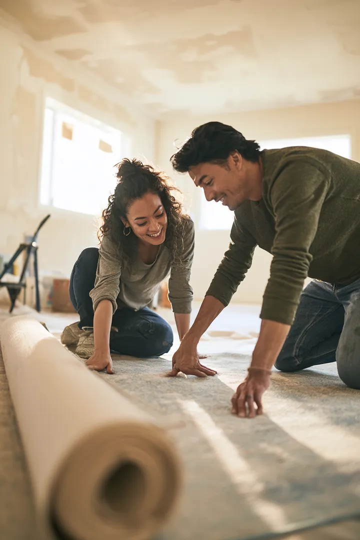 Couple unrolling a rug together in the empty living room of their new home
