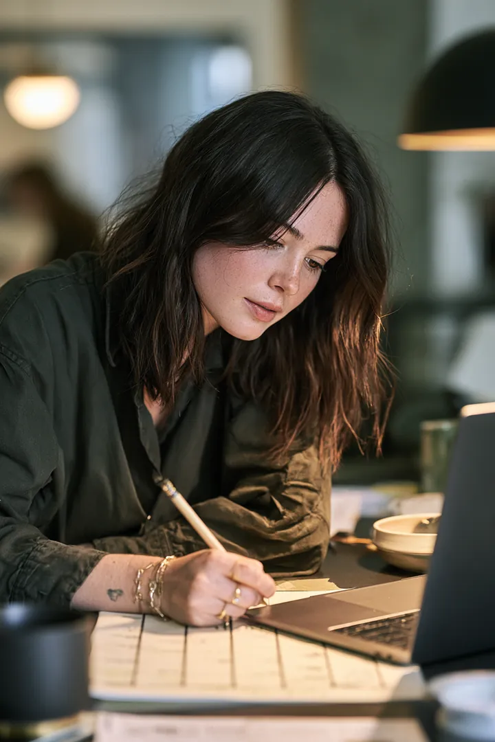 Woman planning personal loan payment dates on a printed calendar beside her laptop