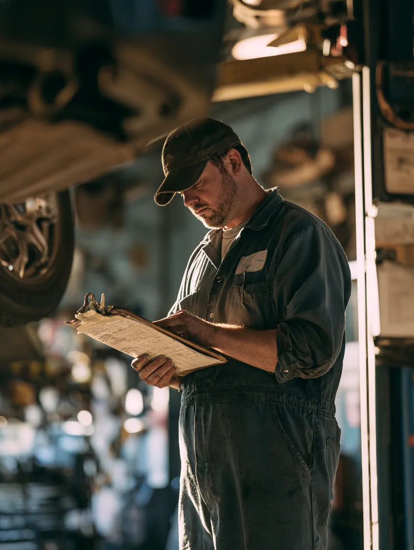 Auto mechanic reviewing a repair invoice beside a car on a lift, a classic $2,000 loan trigger