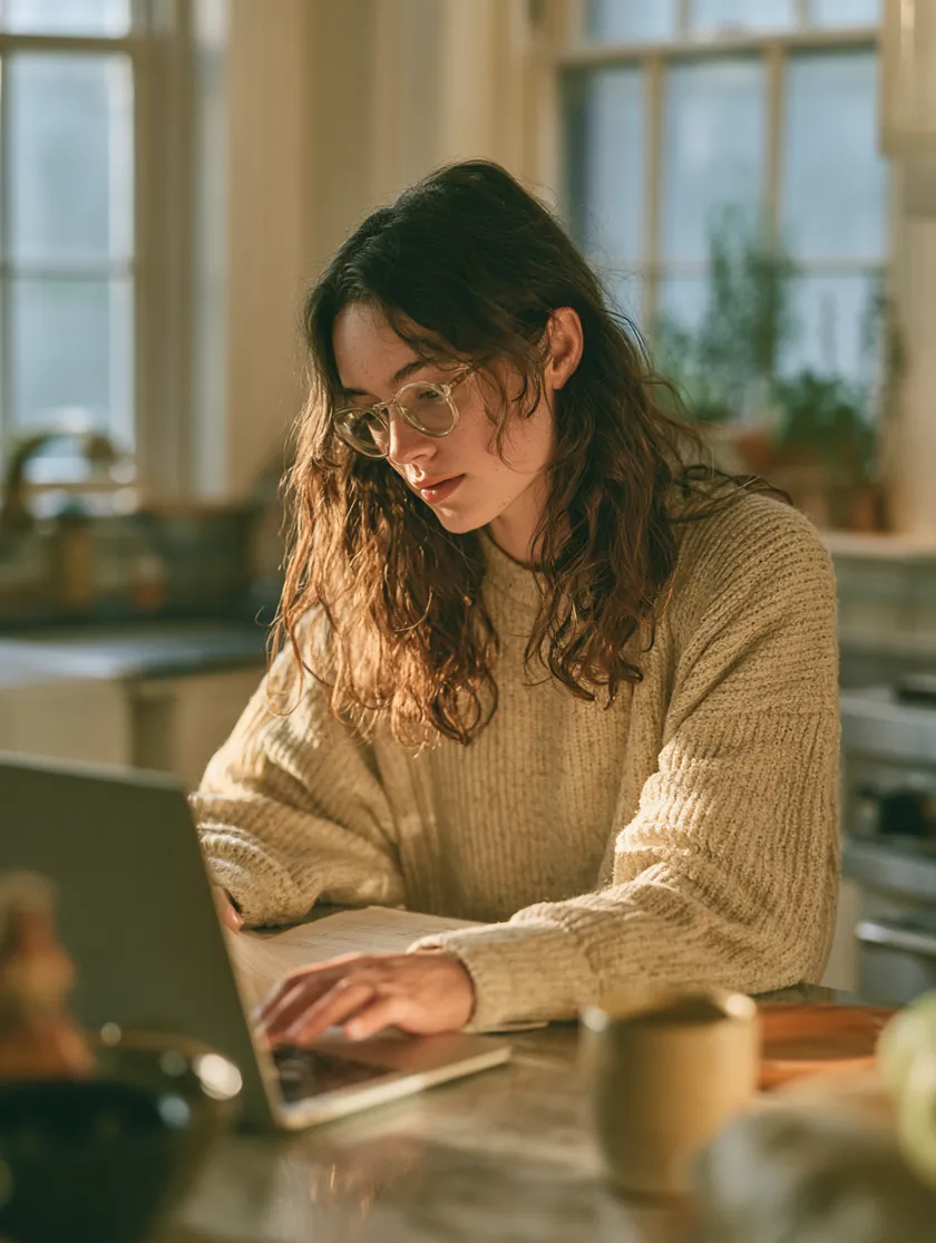Woman completing a personal loan application on her laptop at a bright kitchen island