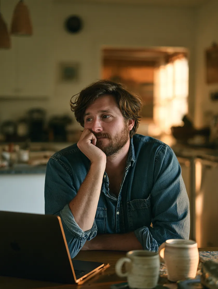 Thoughtful man reviewing bad credit loan options on a laptop at his kitchen table in morning light