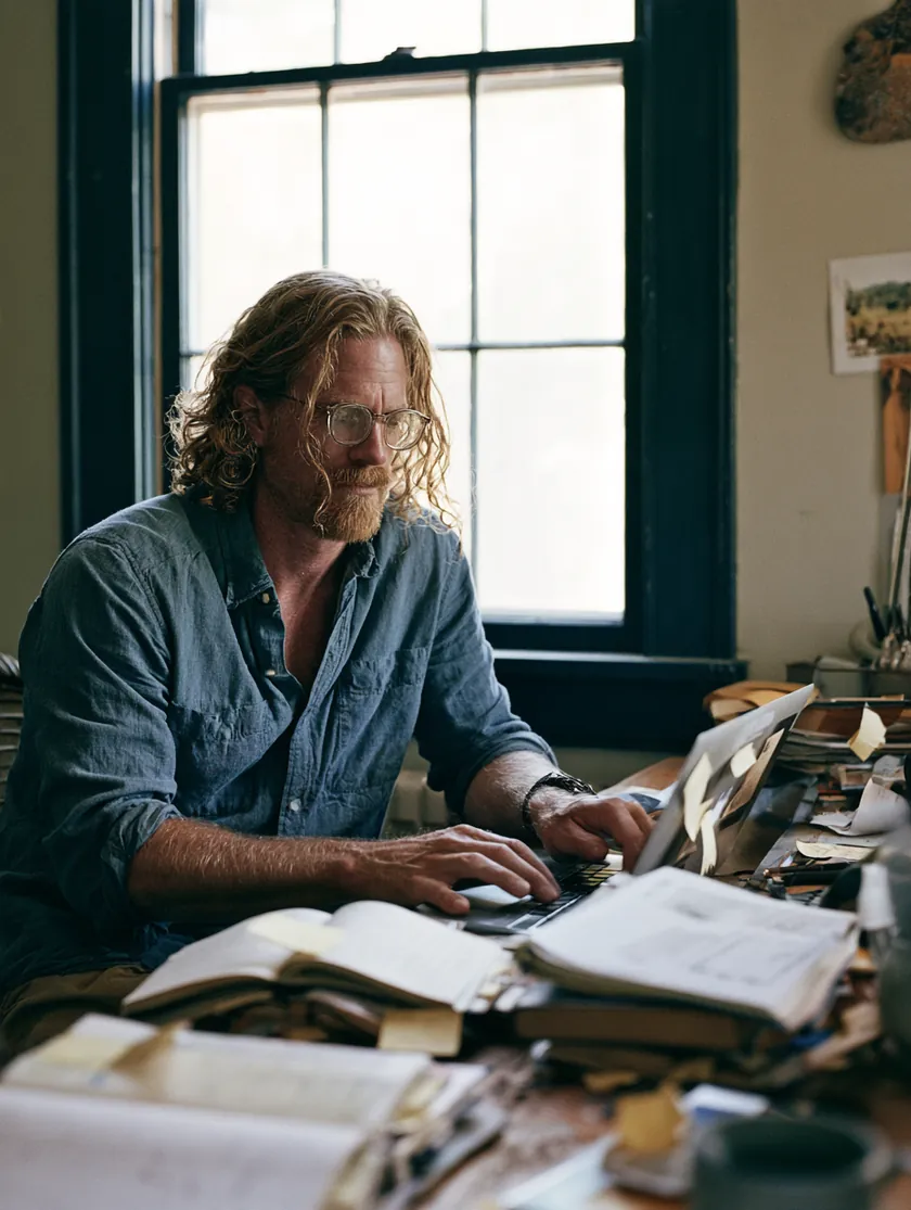 Writer at a creative desk drafting personal loan articles with notebooks and window light