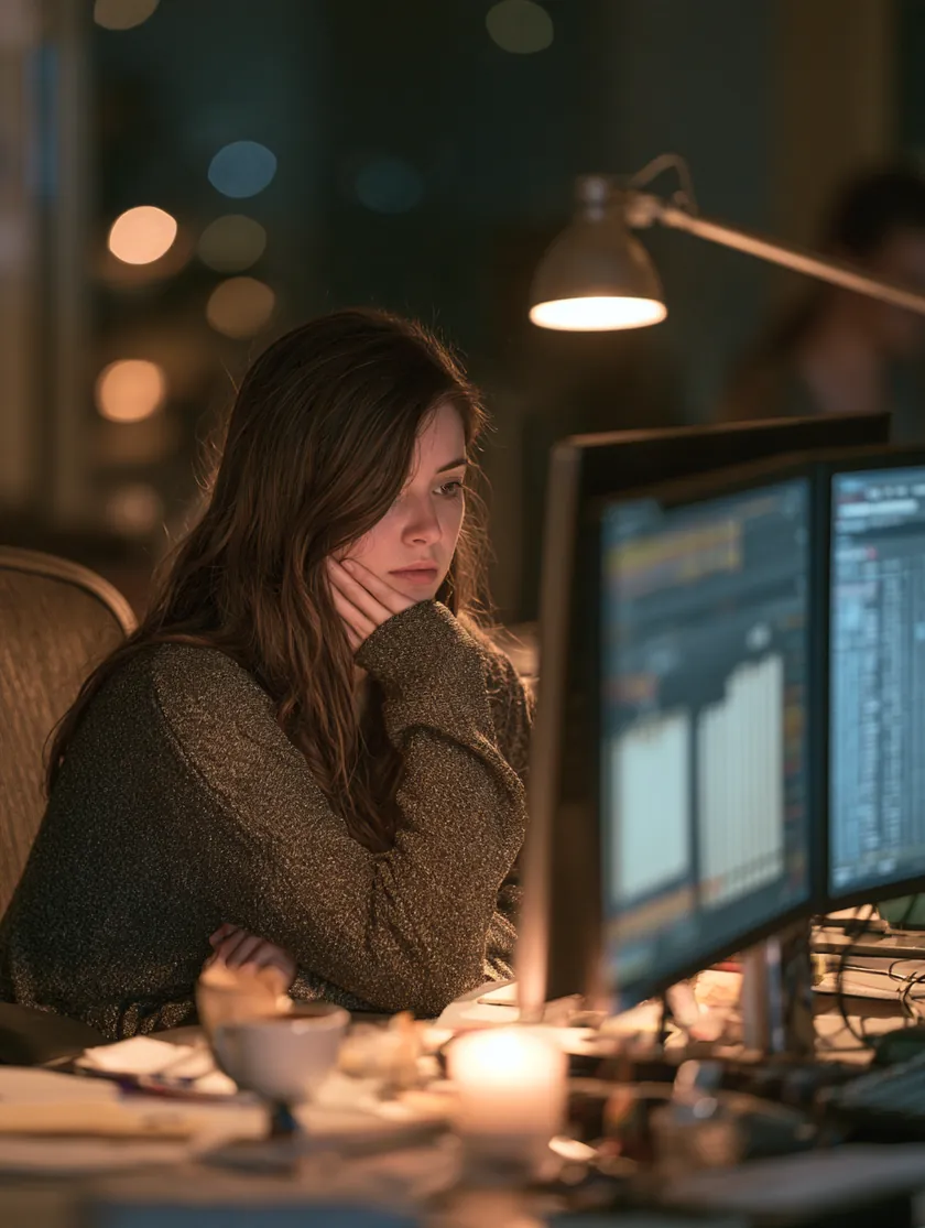 Analyst comparing personal loan lender data across dual monitors in a quiet office