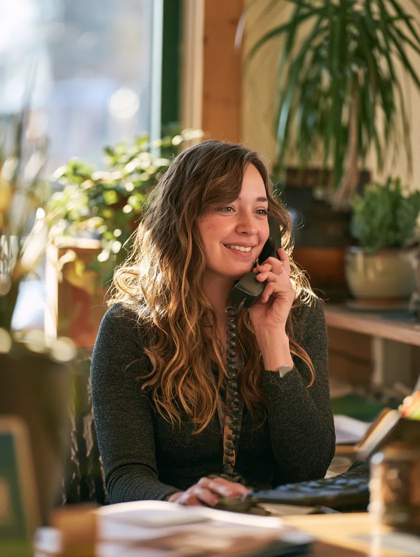 Receptionist answering the phone at a welcoming front desk with plants