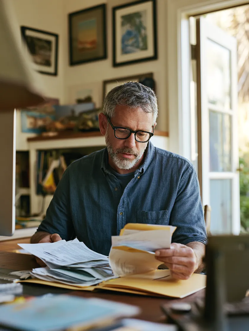 Man combining several bill statements into a single folder for debt consolidation