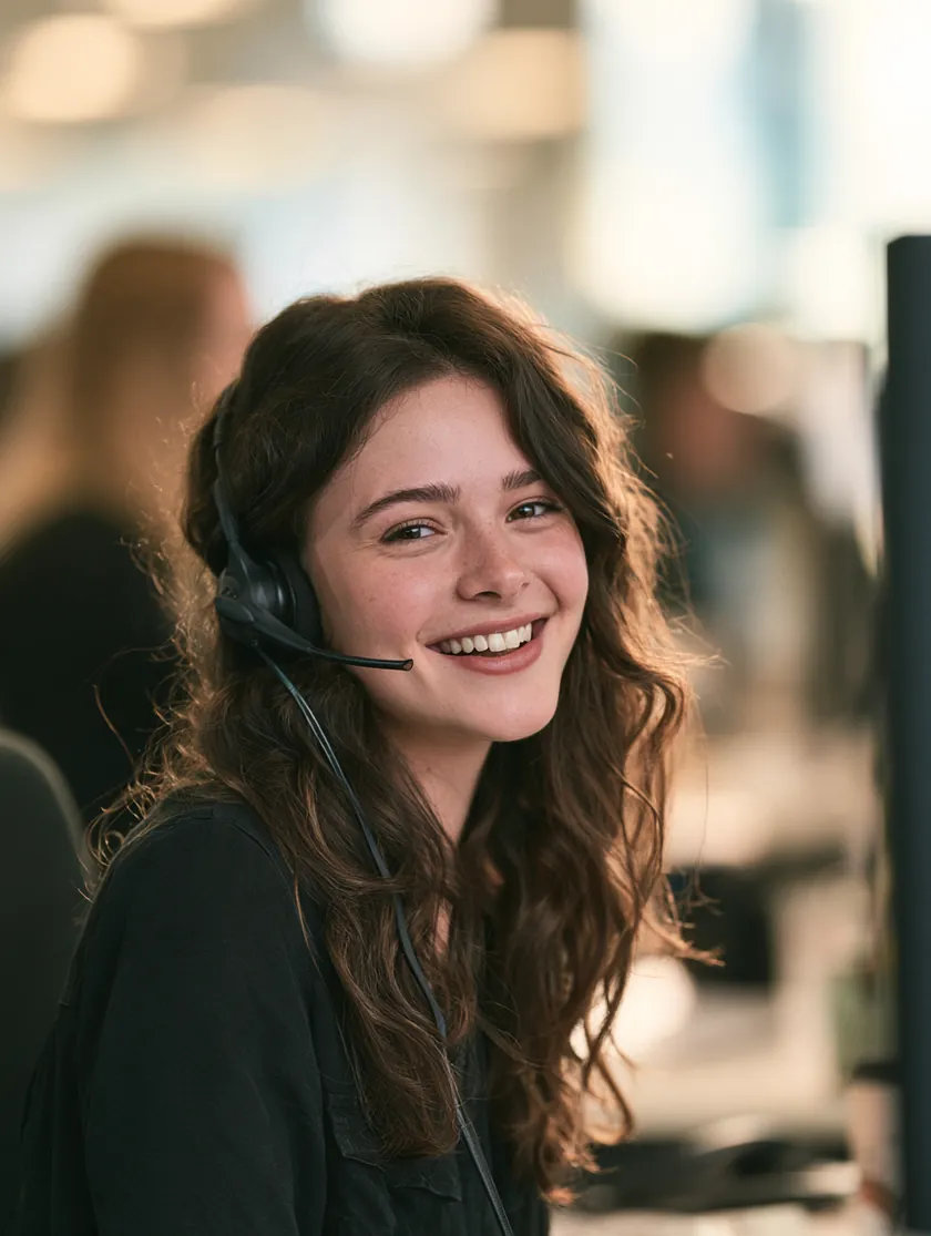 Support agent with a headset answering personal loan questions in a bright office