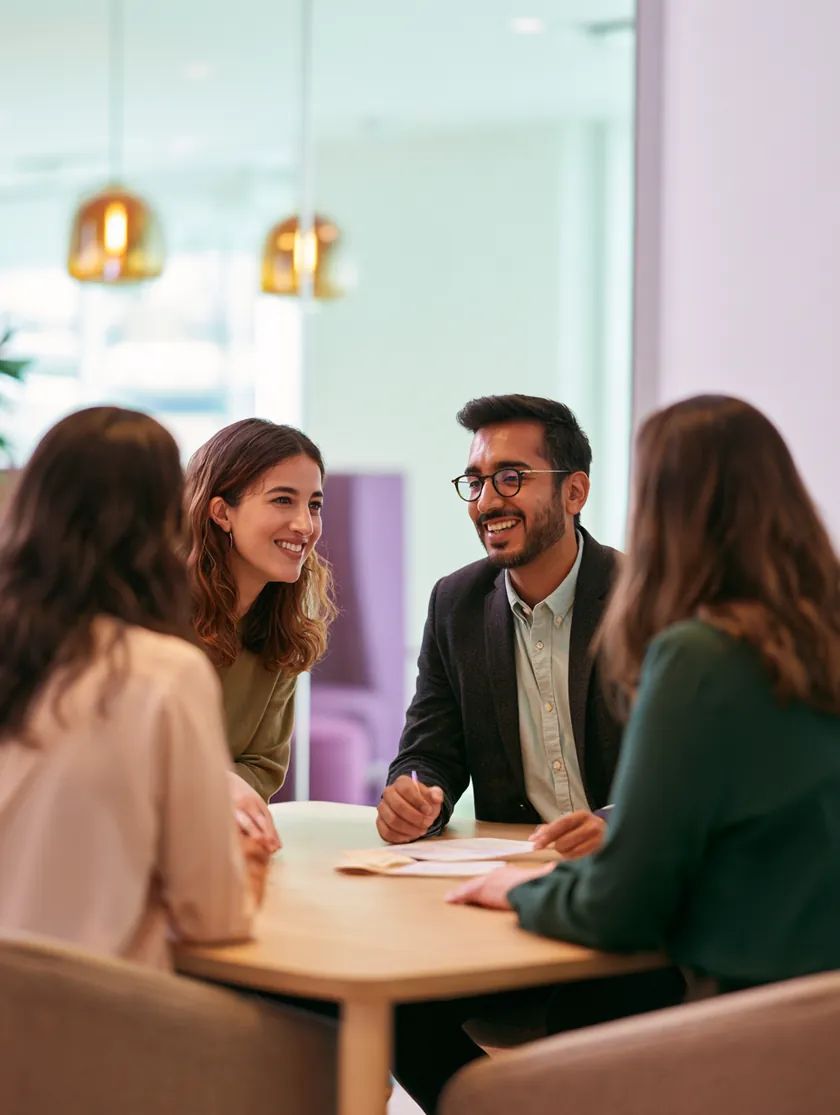 Benemoney advisor reviewing personal loan options with a couple at a bright office desk