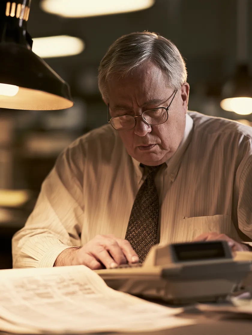 Accountant working a desktop calculator beside printed amortization sheets