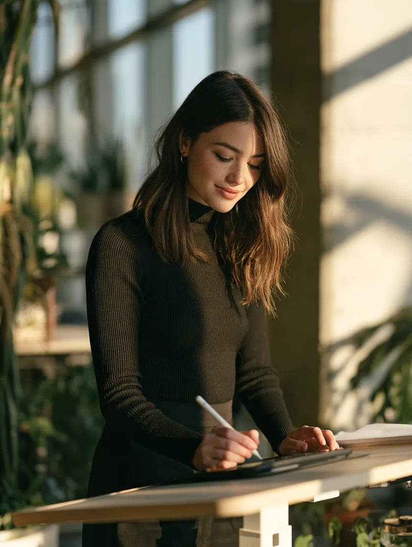 Young professional woman completing a personal loan request on a tablet at a standing desk